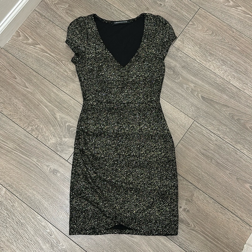 Gold sparkle glitter bodycon dress vneck black small mini
